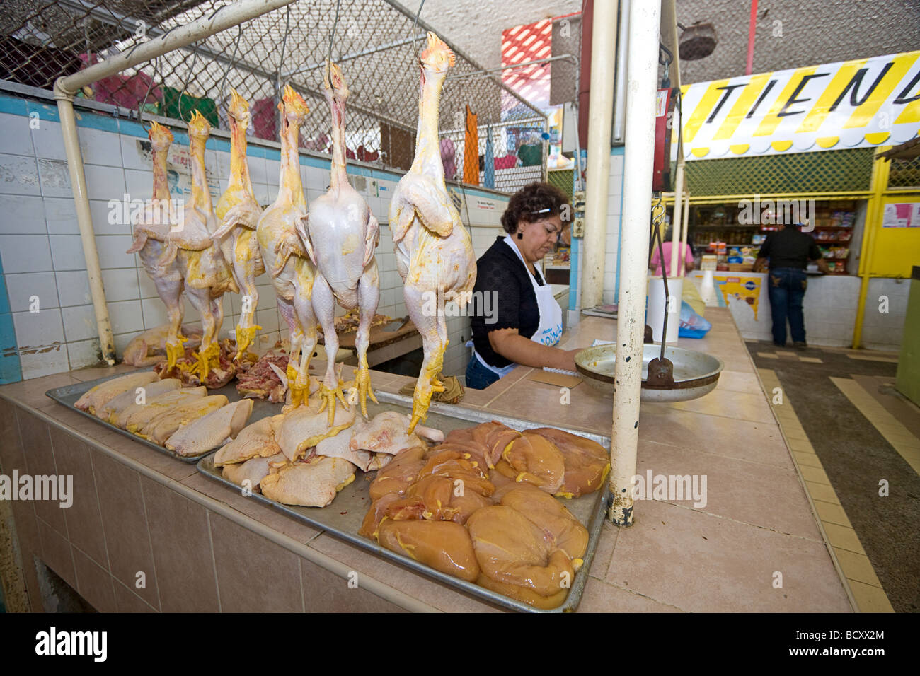 Femme prépare ses poules à la vente à Juan Carrasco market au coeur de Mazatlan Mexique. Banque D'Images