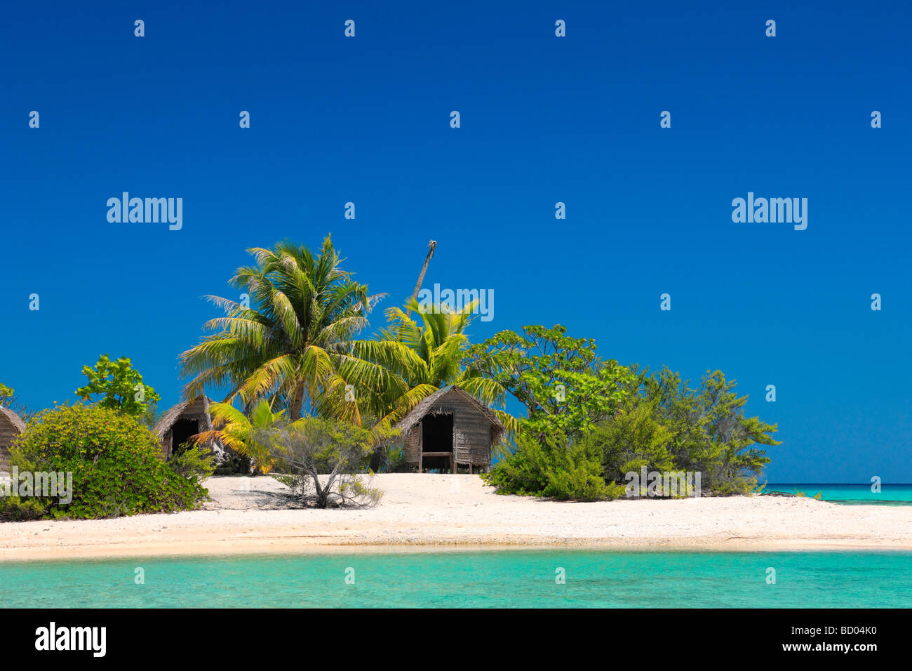 Cabane et plage à Rangiroa, Tuamotu, Polynésie Française Banque D'Images