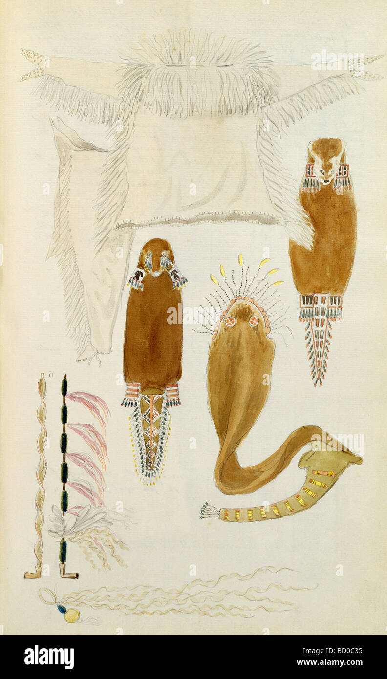 Croquis représentant des Indiens de l'Amérique du Nord d'artefacts, Charles Hamilton Smith. Angleterre, 19e siècle Banque D'Images