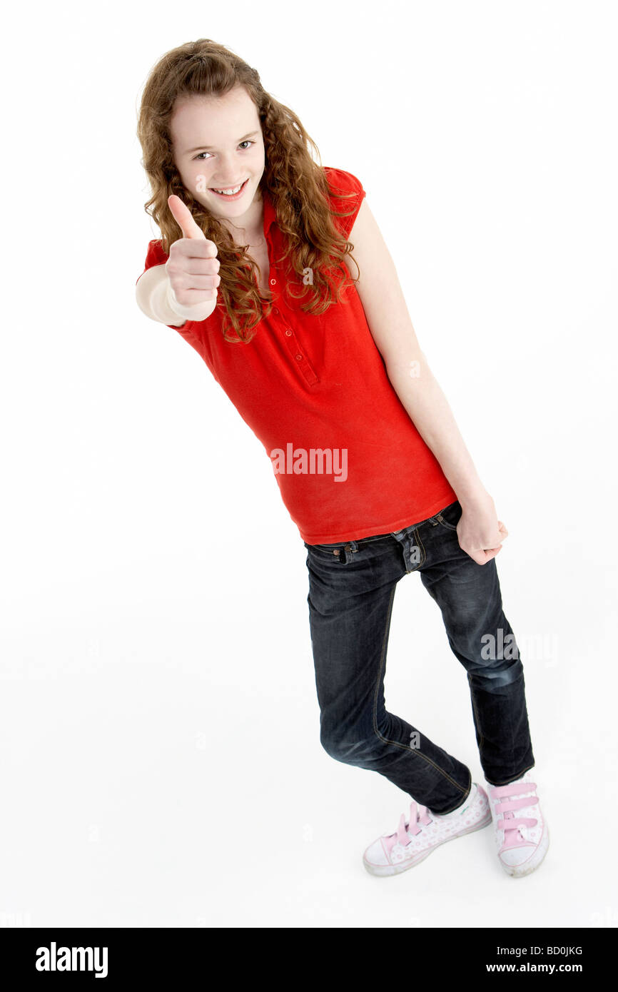 Portrait of Young Girl Giving Thumbs Up Banque D'Images