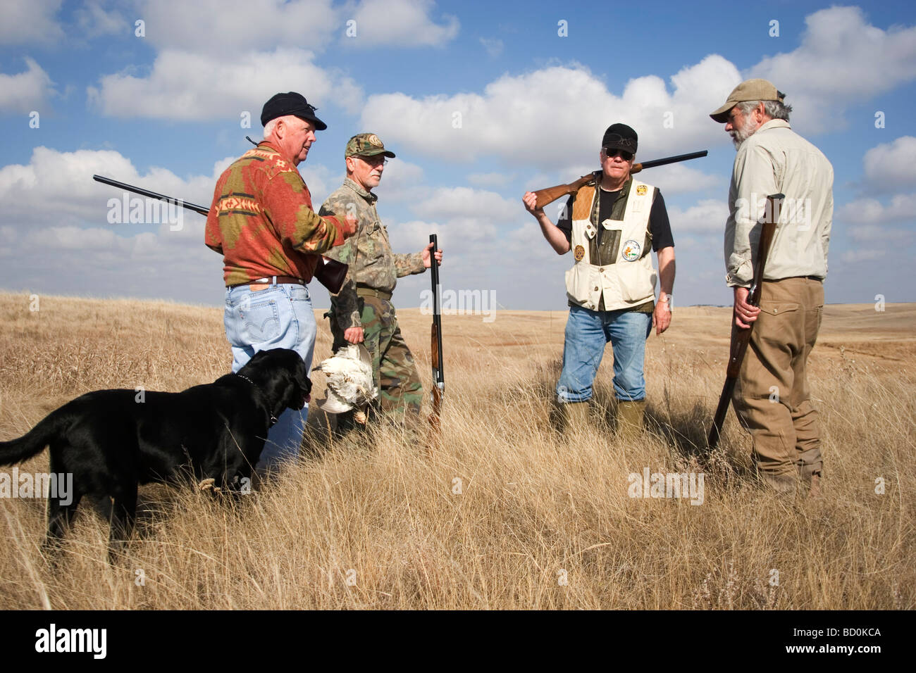 Chasseurs expérimentés et d'amis sur le Dakota du Nord ouest des prairies de Minot, le tir le gibier à plumes. Banque D'Images