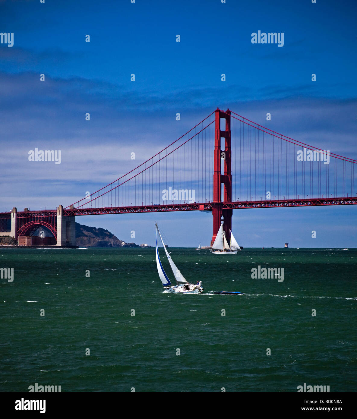 Yachts sur la baie de San Francisco, Californie, USA ci-dessous Golden Gate Bridge Banque D'Images