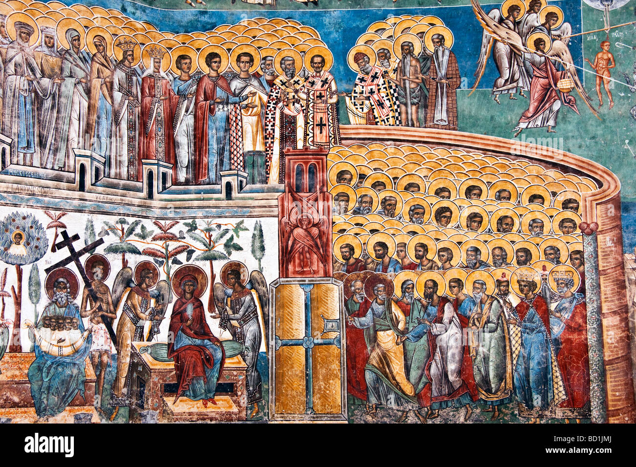 Détail de la fresque du Jugement dernier, la Roumanie au monastère peint de Voronet de Bucovine Banque D'Images