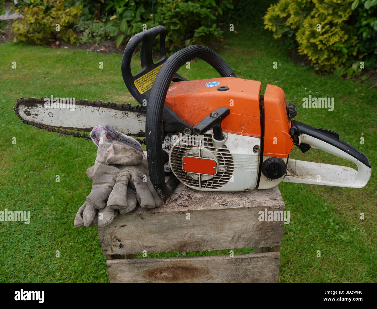 Taille intérieure tronçonneuse essence prêt à l'utilisation avec des gants de sécurité en cuir Banque D'Images