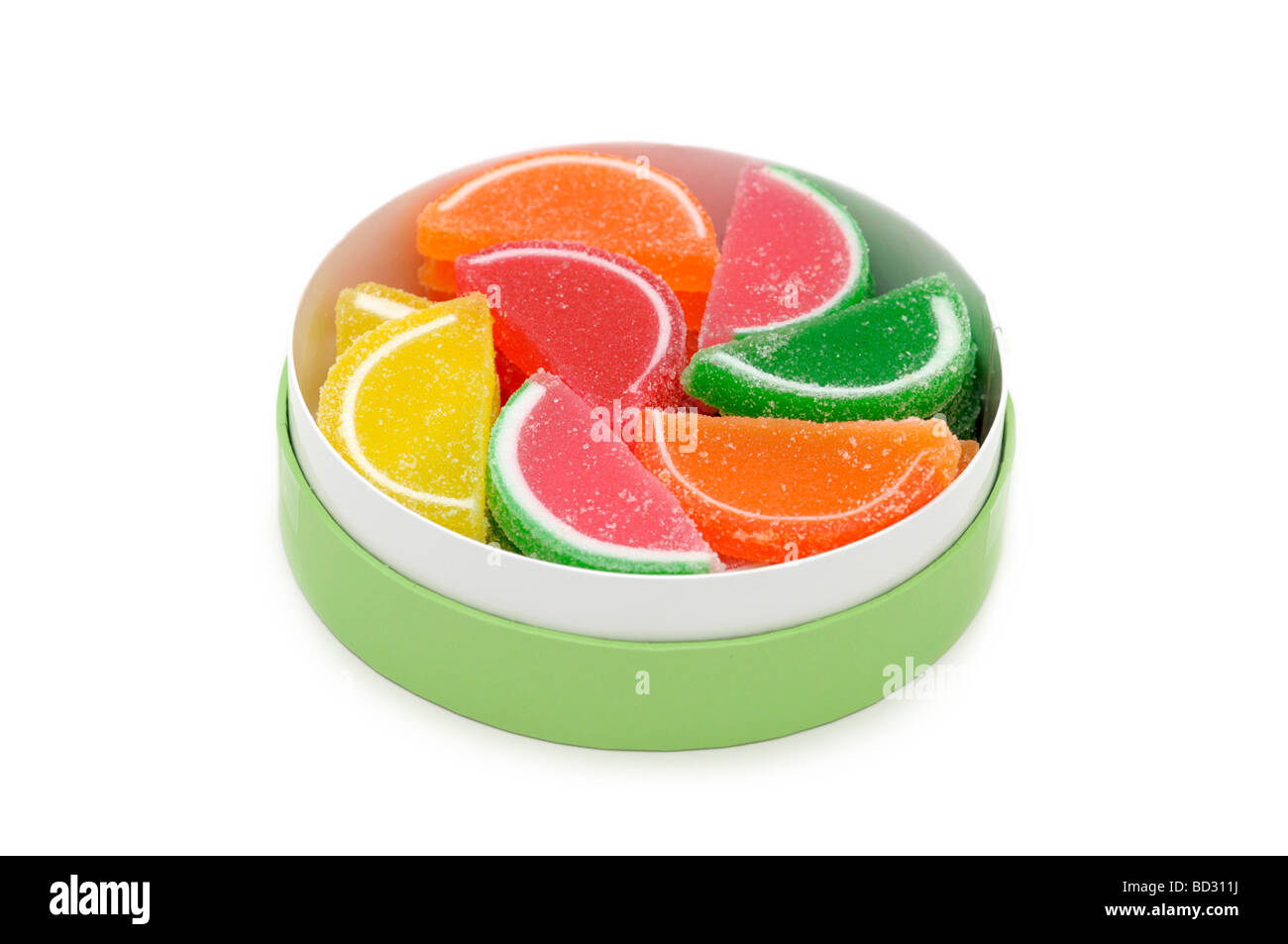 Tranches de fruits gelée dans une boîte / Jelly Sweets, enrobés de sucre Banque D'Images