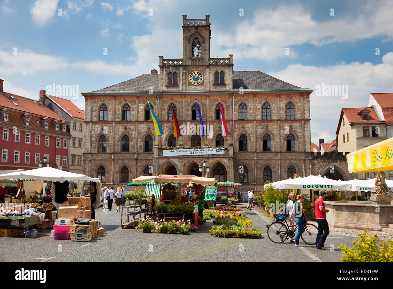 Place de l'Hôtel de Ville et Place du marché de Weimar, Allemagne, Europe Banque D'Images