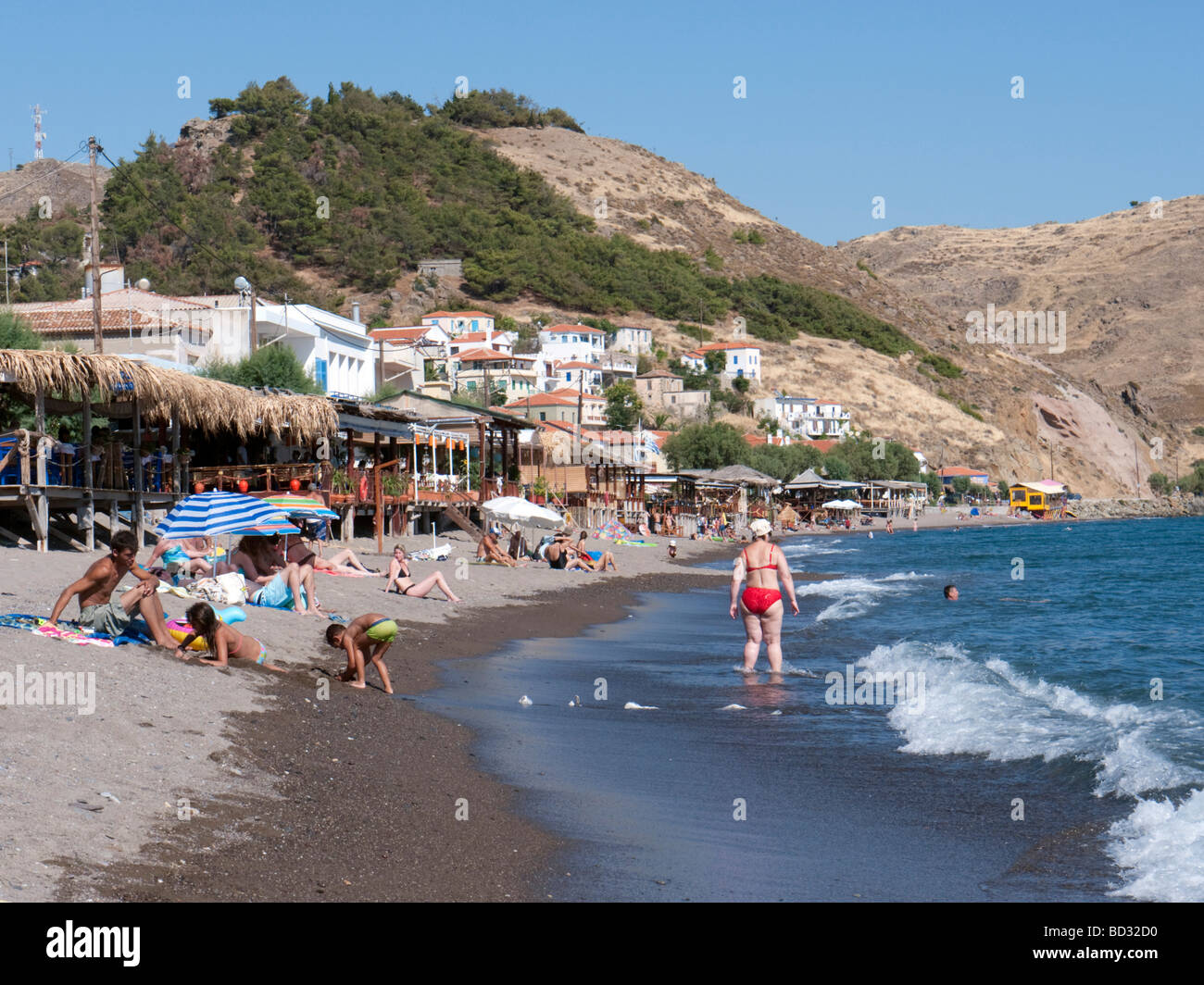 Beach resort au petit village de Skala Eresou sur l'île de Lesbos en Grèce Banque D'Images