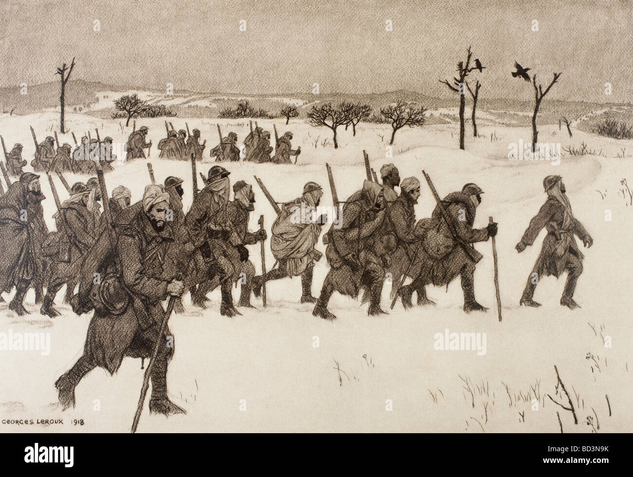 Des soldats marocains marche dans la neige vers la ligne de front pendant la Première Guerre mondiale. Banque D'Images