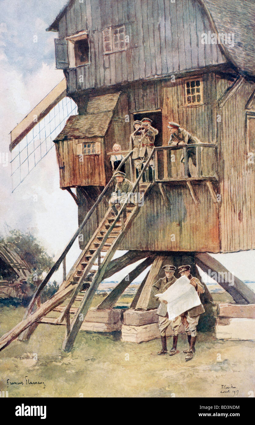 Poste d'observation anglais dans un moulin sur front de l'Ouest pendant la Première Guerre mondiale. Banque D'Images