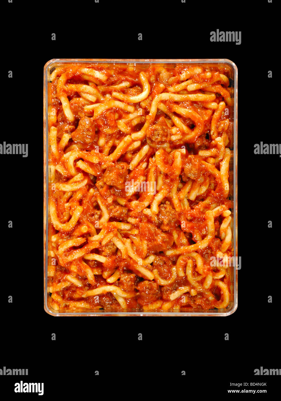 Un récipient en plastique avec des rations militaires, spaghetti bolognaise pâtes Banque D'Images