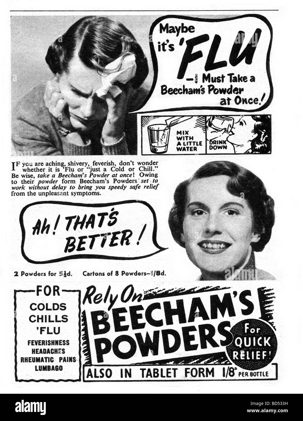 Poudres de 1952 annonce Beechams Banque D'Images