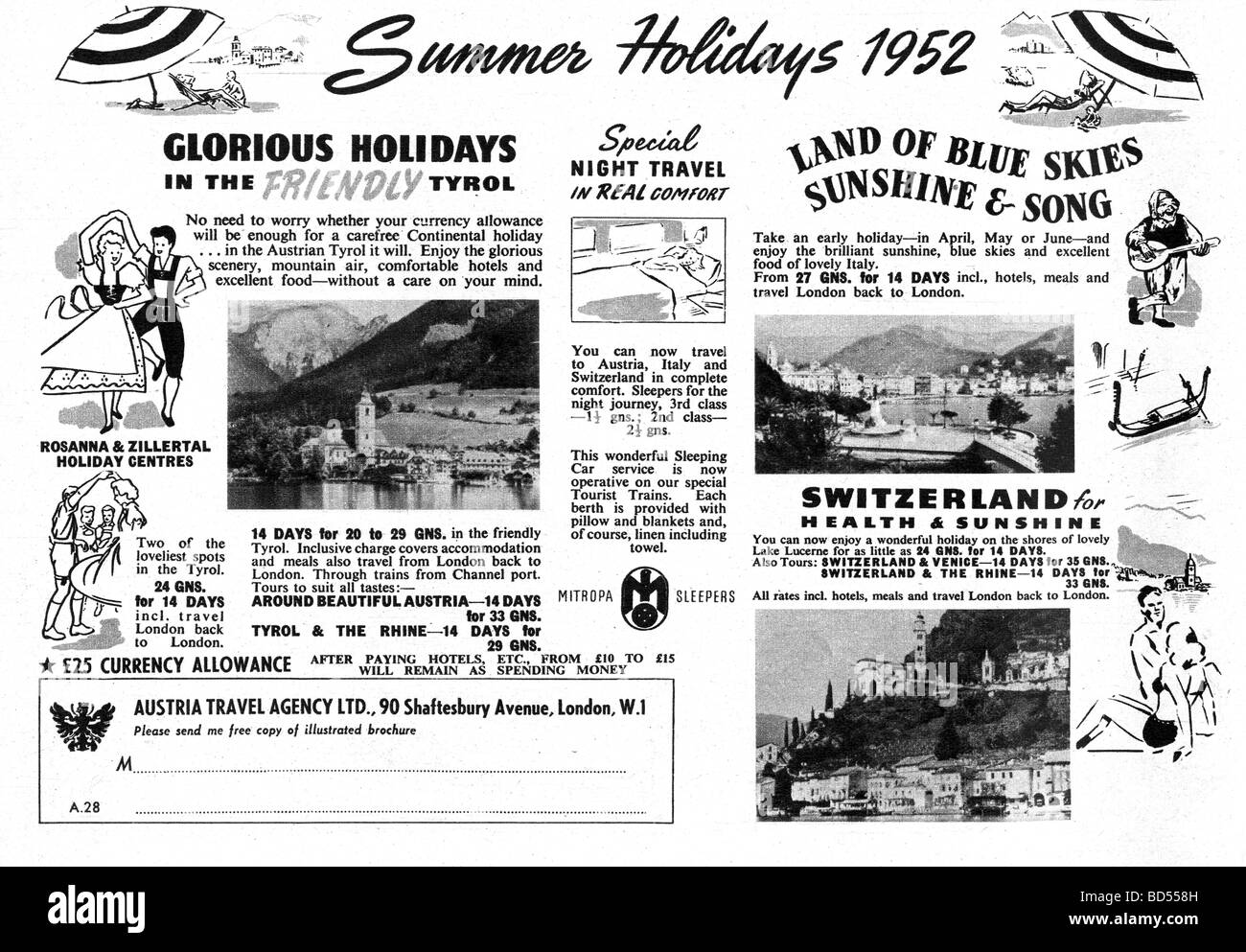 Voyages et vacances annonce de 1952 Banque D'Images