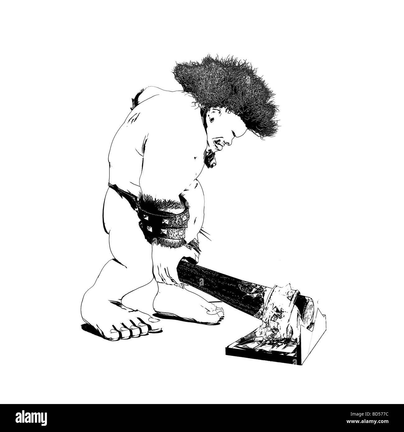 Un appariement "Caveman One-Eyed' son nouvel ordinateur portable. Il semble avoir été frustré par le système d'exploitation. Syle art de la ligne. Banque D'Images