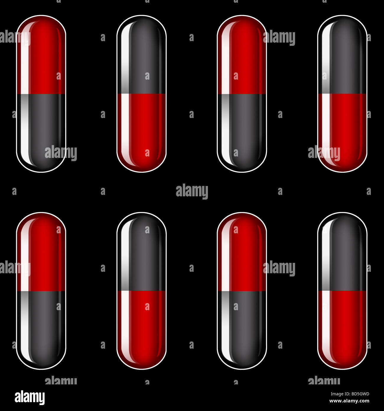 Illustration de rangées de capsules rouges et noirs générique Banque D'Images