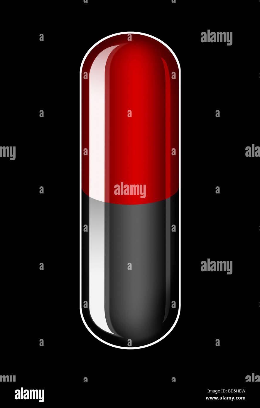 Illustration d'une seule capsule rouge et noir sur fond noir Banque D'Images