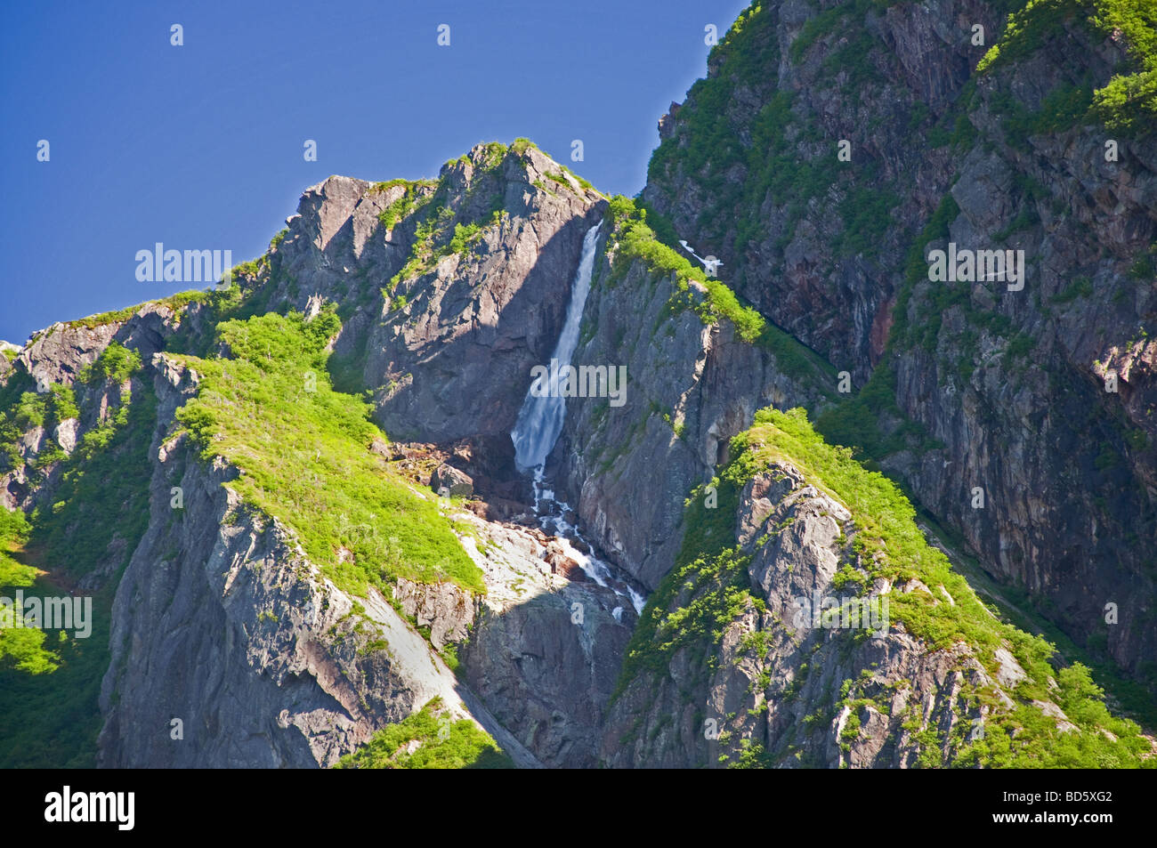 Une cascade dévalant une falaise à Gros Morne à Terre-Neuve Fjord Banque D'Images