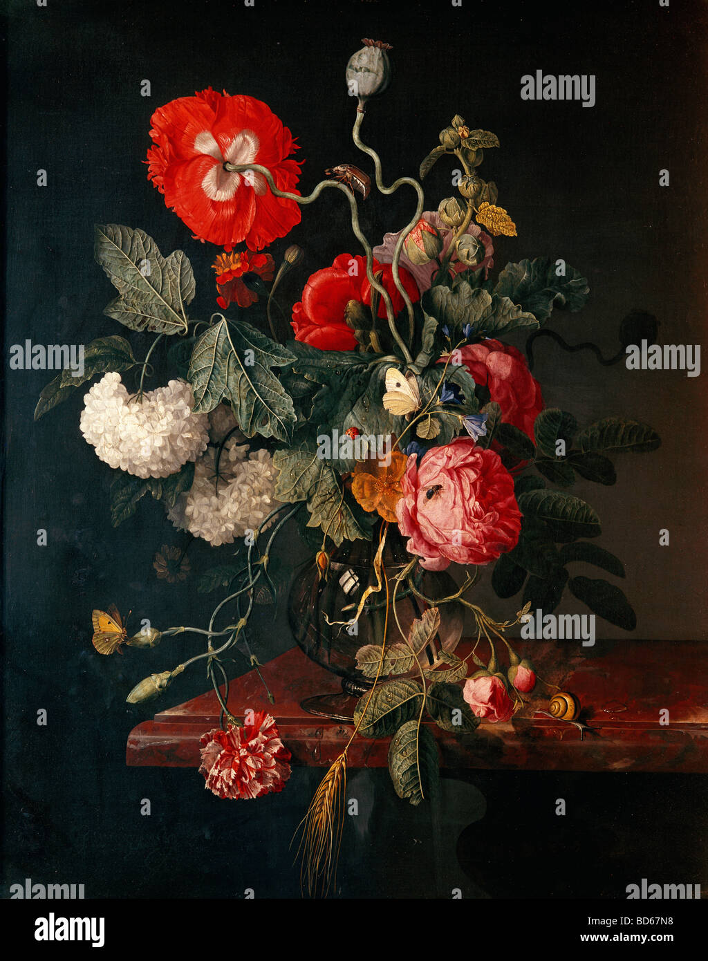 Beaux-arts, Jacob van Walscapelle, (1644 - 1727), la peinture "Fleurs dans un vase de verre", 1667, huile sur toile, 46 x 61 cm, Victori Banque D'Images