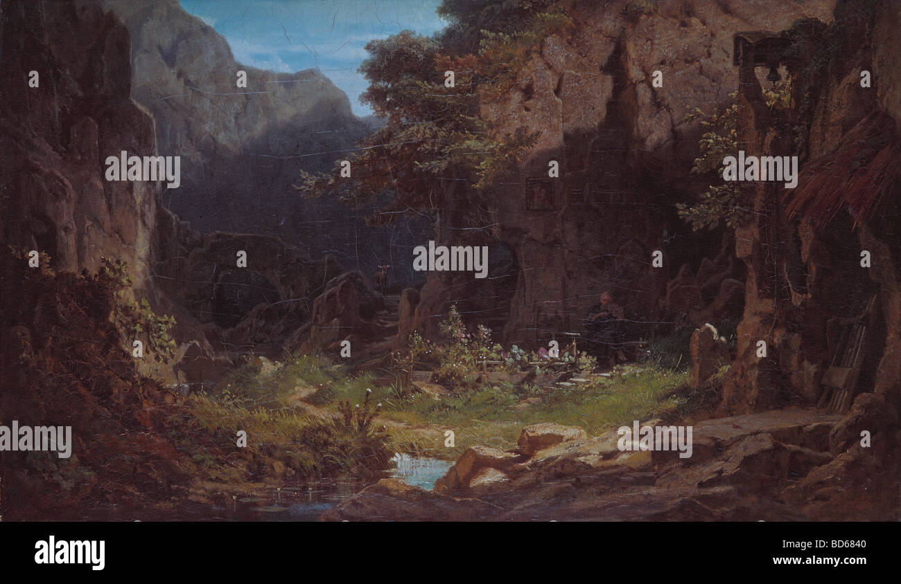 Beaux-arts, Spitzweg, Carl (1808 - 1885), peinture, 'Einsiedler, Violine spielend' (Ermite à jouer du violon), huile sur toile, 54 Banque D'Images