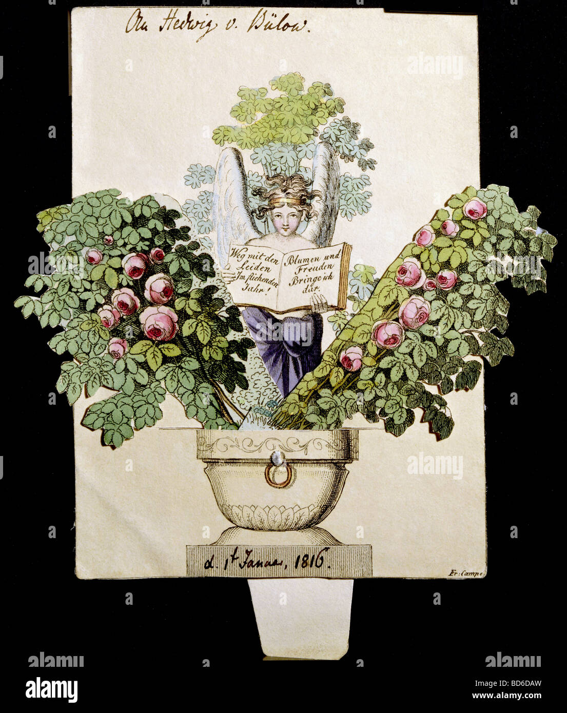 Beaux-arts, Billet anime, vase avec des roses, cartes de vœux, Nuremberg, 1.1.1816, collection privée, new years card, Angel, Allemagne Banque D'Images