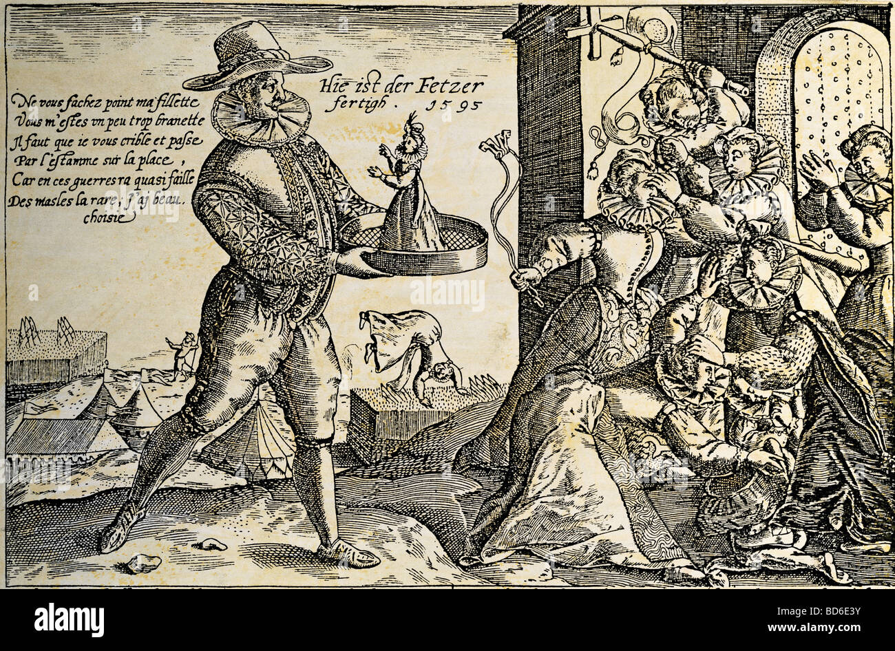 Les gens, les femmes, 16ème - 18ème siècle, la caricature sur la pénurie d'hommes, gravure sur cuivre, par Peter Querradt, Allemagne, 1595, copyright de l'artiste n'a pas à être effacée Banque D'Images
