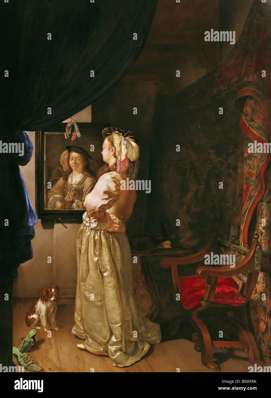 Beaux-arts, des peintures, de l'Allemagne, à la dame en miroir, peinture sur porcellain, après Vermeer, première moitié du 19e siècle, porcellain collection de la Résidence de Munich, l'artiste n'a pas d'auteur pour être effacé Banque D'Images
