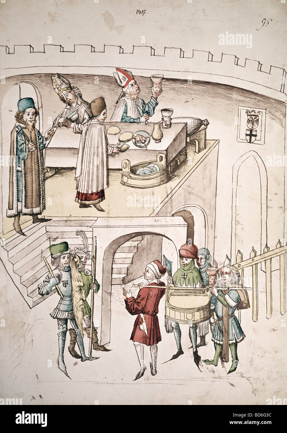 Beaux-arts, du moyen âge, miniature, concile de Constance, 1414 - 1418, le conclave, de l'alimentation est recherché pour des messages secrets, Chronique d'Ulrich von Richenthal, xve siècle, musée Rosgarten, Konstanz, , n'a pas d'auteur de l'artiste pour être effacé Banque D'Images