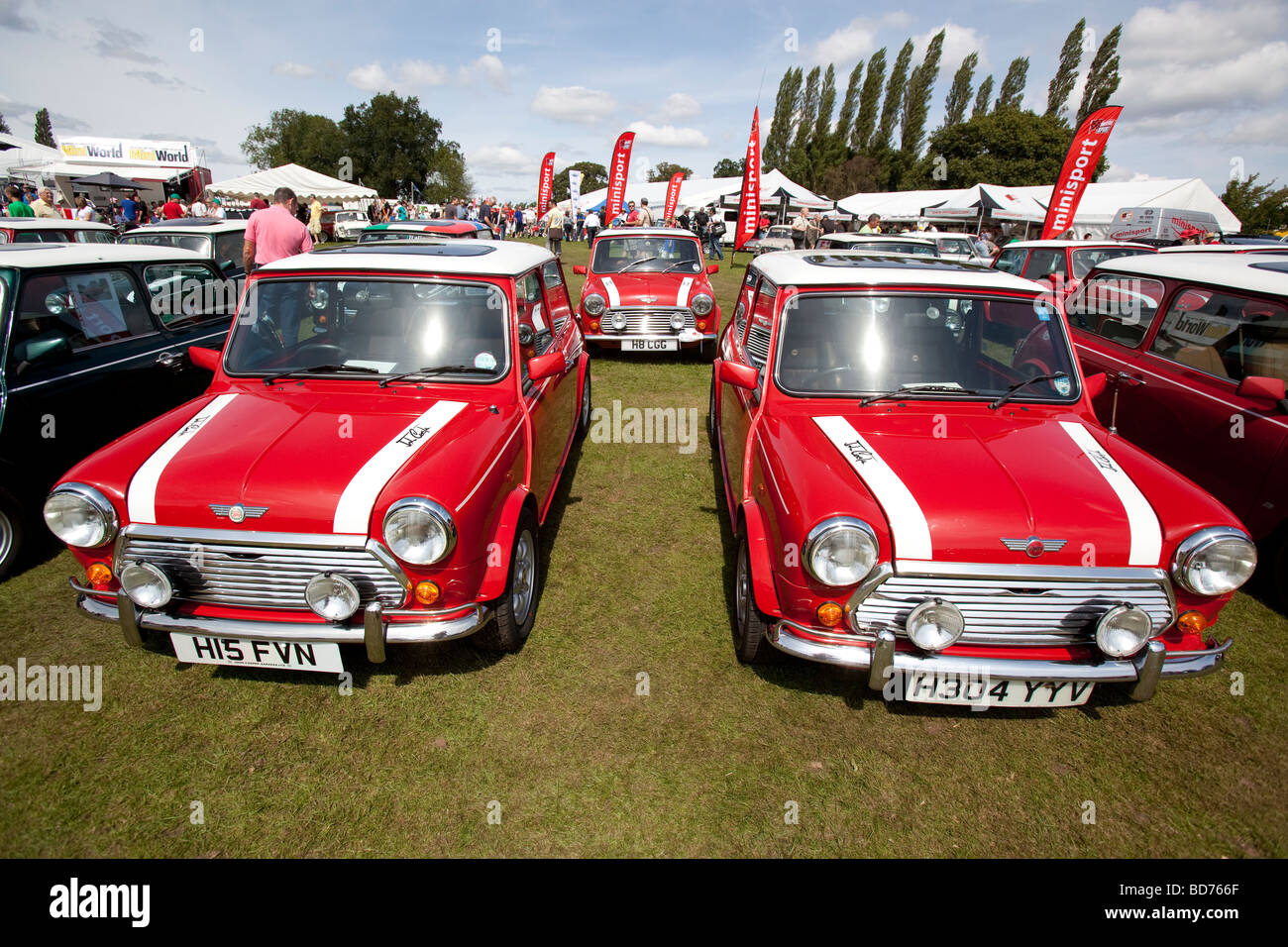 Une rangée de Mini Cooper voitures de rallye à l'occasion du 50e anniversaire de la naissance du marquage Mini, Birmingham, Angleterre, RU Banque D'Images