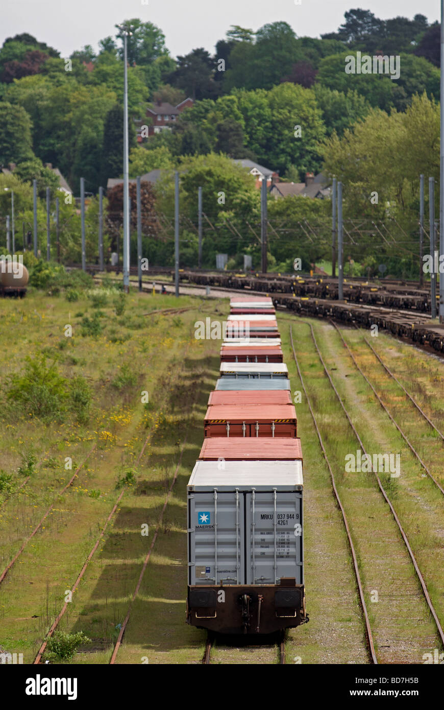 Des conteneurs sur un train de marchandises depuis le port de Felixstowe au triage d'Ipswich, Suffolk, UK. Banque D'Images