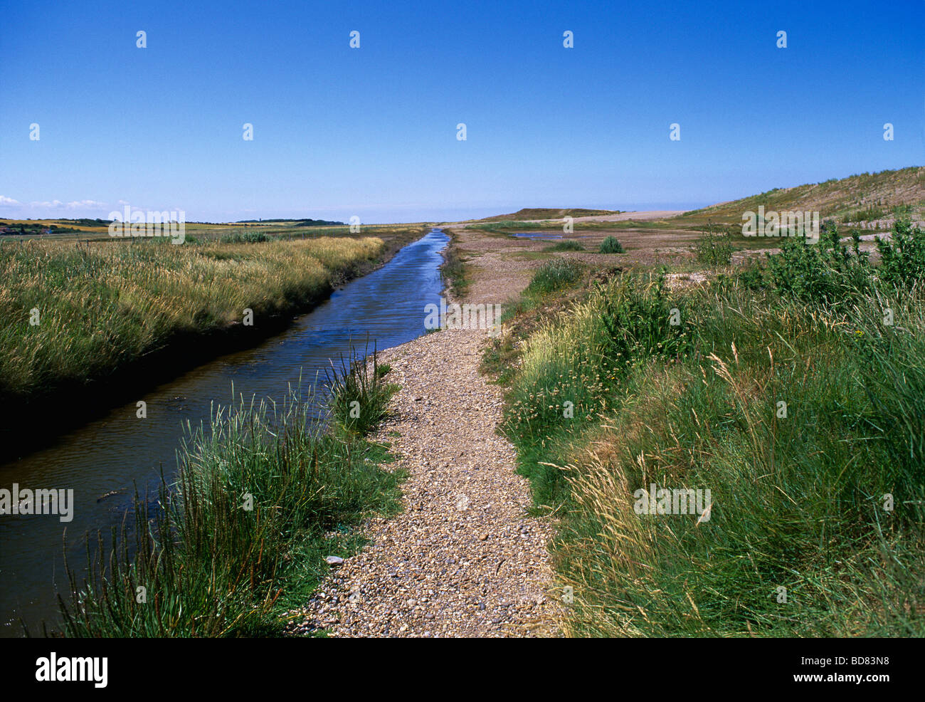 Salthouse marais avec fossés de drainage à l'abri de la mer du Nord par des banques bardeaux qui sont constamment en cours de réparation. Banque D'Images