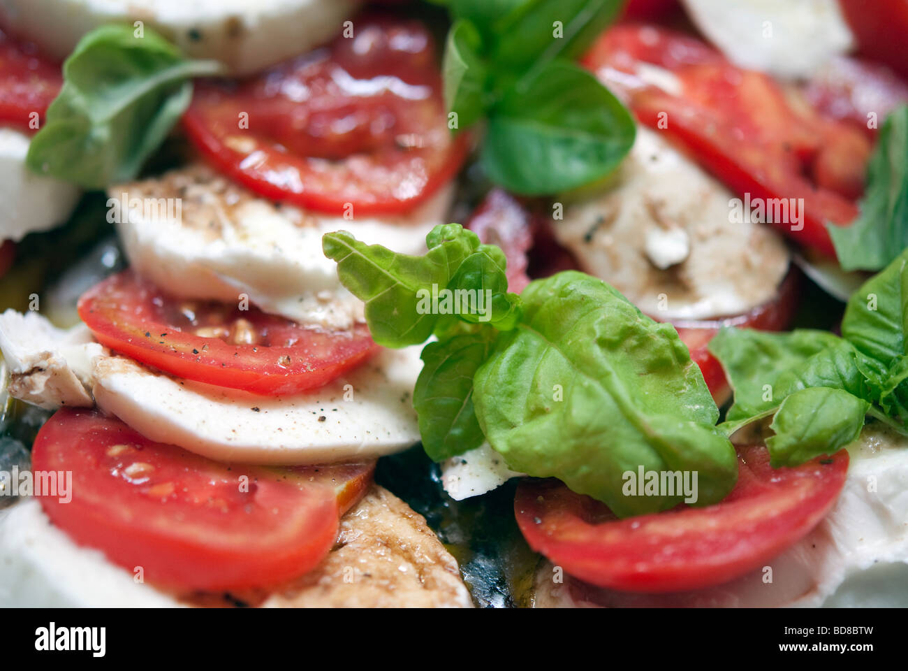 La tomate, mozzarella et basilic frais buffolo, salés et éclaboussé de balsamo le vinaigre et l'huile d'olive extra vierge - salade caprese Banque D'Images