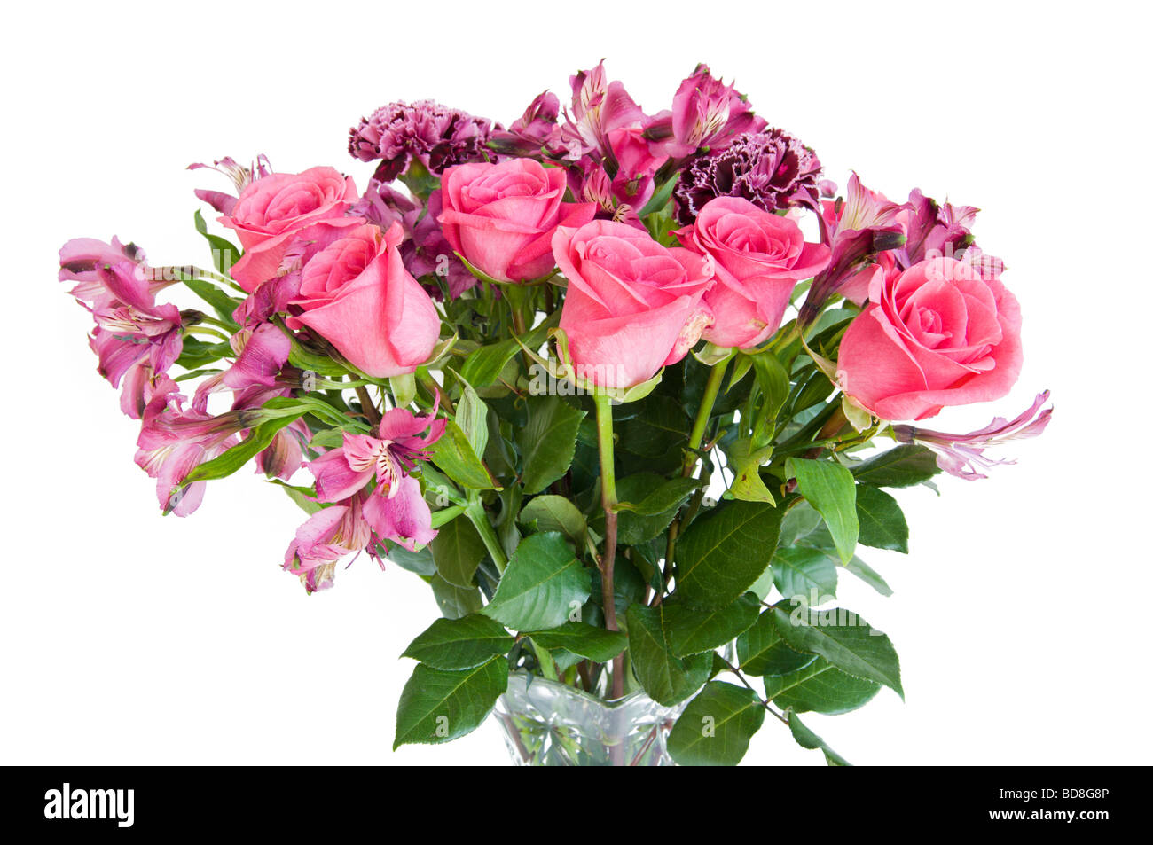 Parfumé d'un bouquet de fleurs fraîches dans des tons de rose sur un fond blanc. Banque D'Images