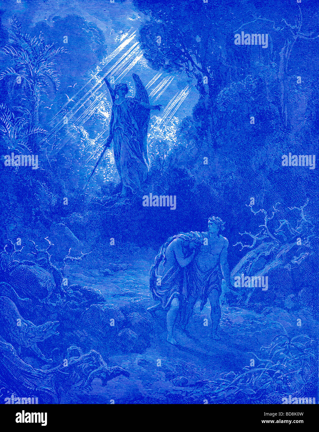 Adam et Ève chassés d'Eden jeunes s Bible histoire c 1900 Banque D'Images