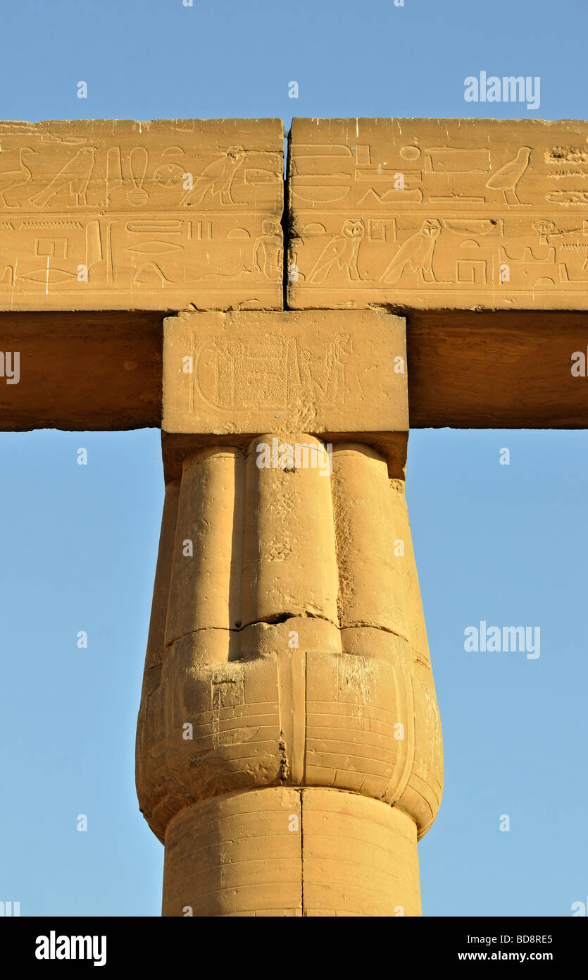 Capitale de l'architrave et Papyriform Colonne Papyrus fermé d'une grande cour Sun d'Amenhotep III à Louxor Temple de Thèbes, Egypte Banque D'Images