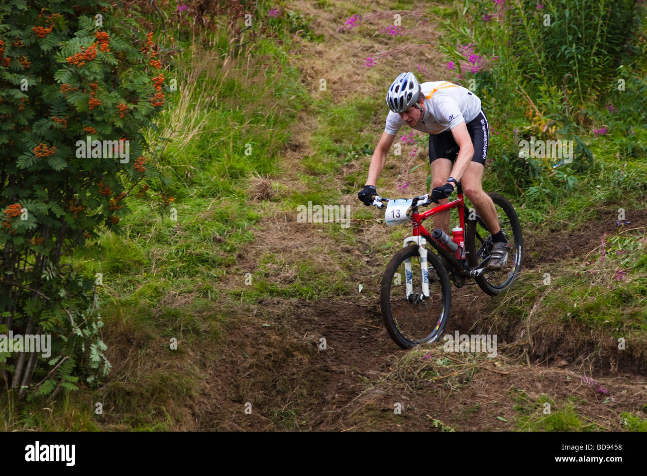 Mountain bike rider course descente à un événement tenu à Cathkin Braes Glasgow Banque D'Images