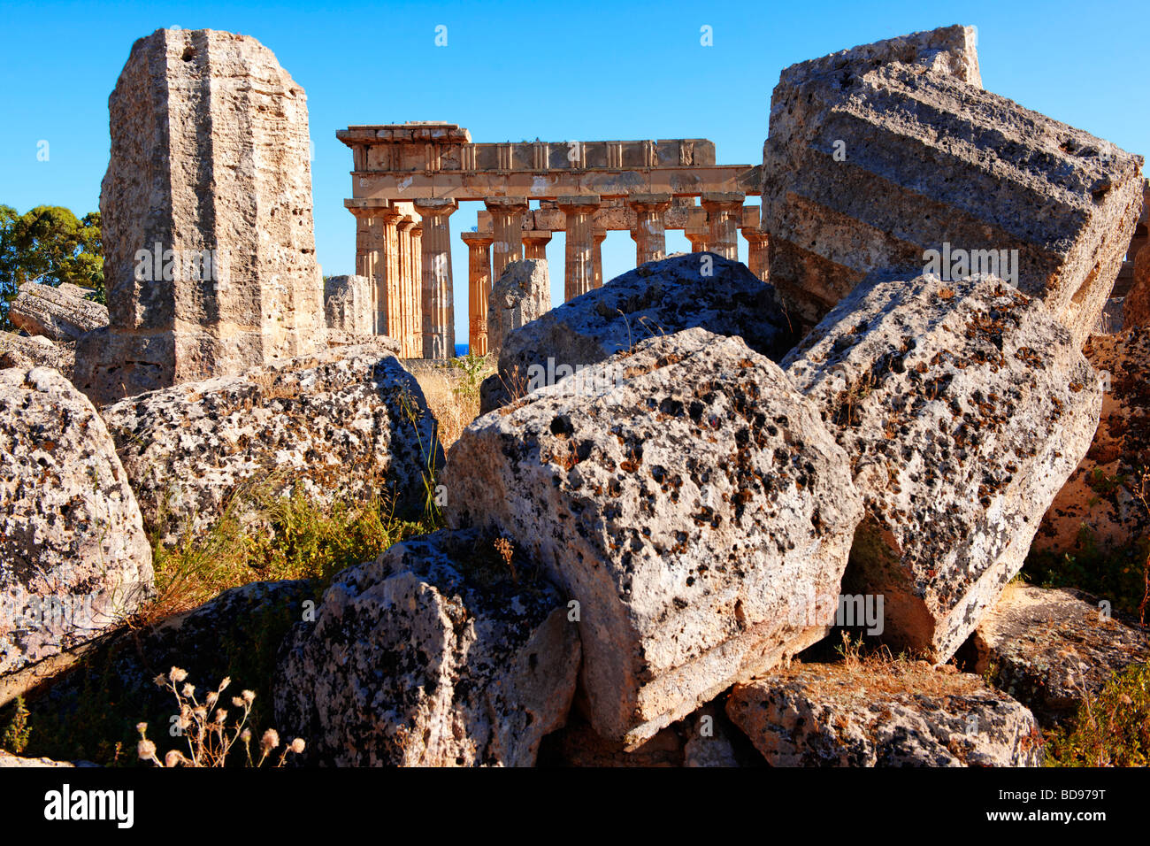 Colonne dorique grec tambours Dorik Temple ruines de Temple F à Selinunte Sicile Banque D'Images