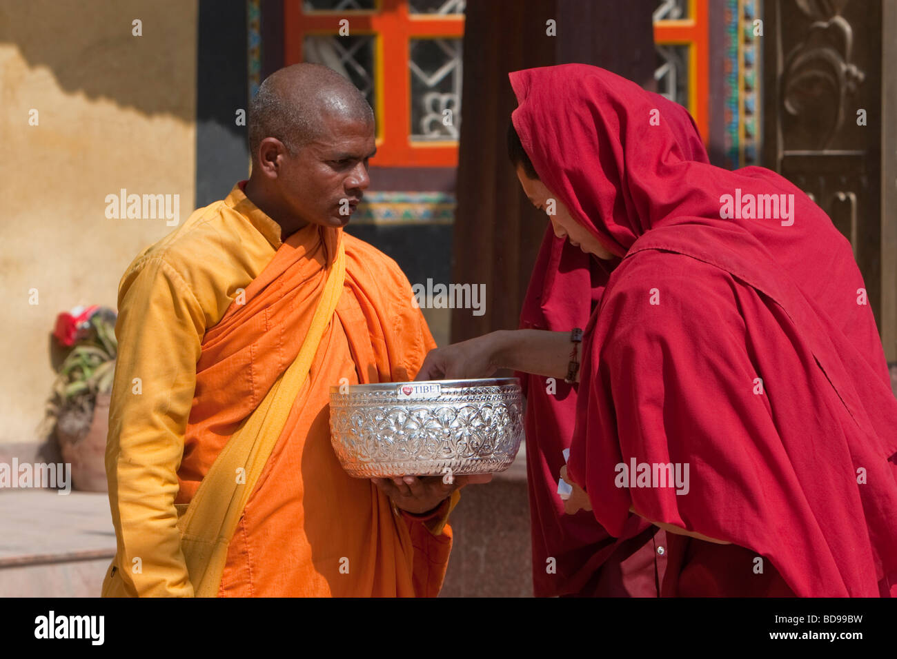 Bodhnath, au Népal. Un moine bouddhiste reçoit une offre d'un Moine tibétain devant le Tamang Gompa (monastère). Banque D'Images