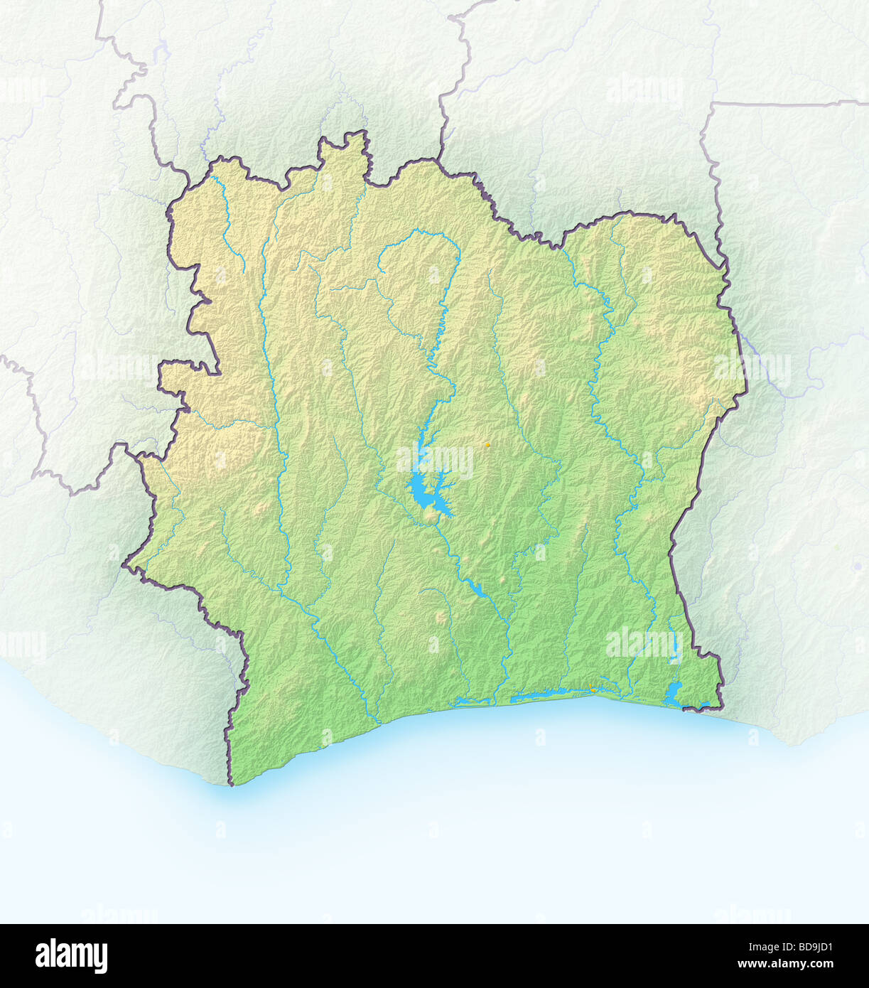 Côte d'Ivoire, carte en relief ombré. Banque D'Images