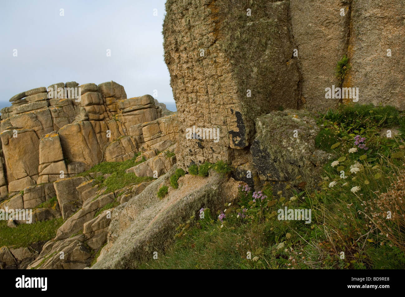 Rock formations in matin soleil près de Treen, West Penwith, Cornwall, UK Banque D'Images