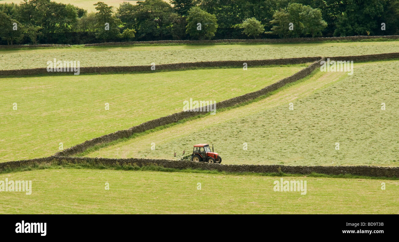 Le tracteur et le mur de pierres sèches à motifs, Gunnerside Swaledale, Yorkshire du Nord. Banque D'Images