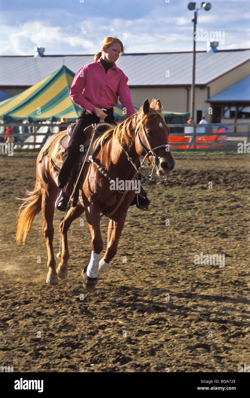 Cowgirl met son cheval dans une routine à la county fair rodeo Banque D'Images