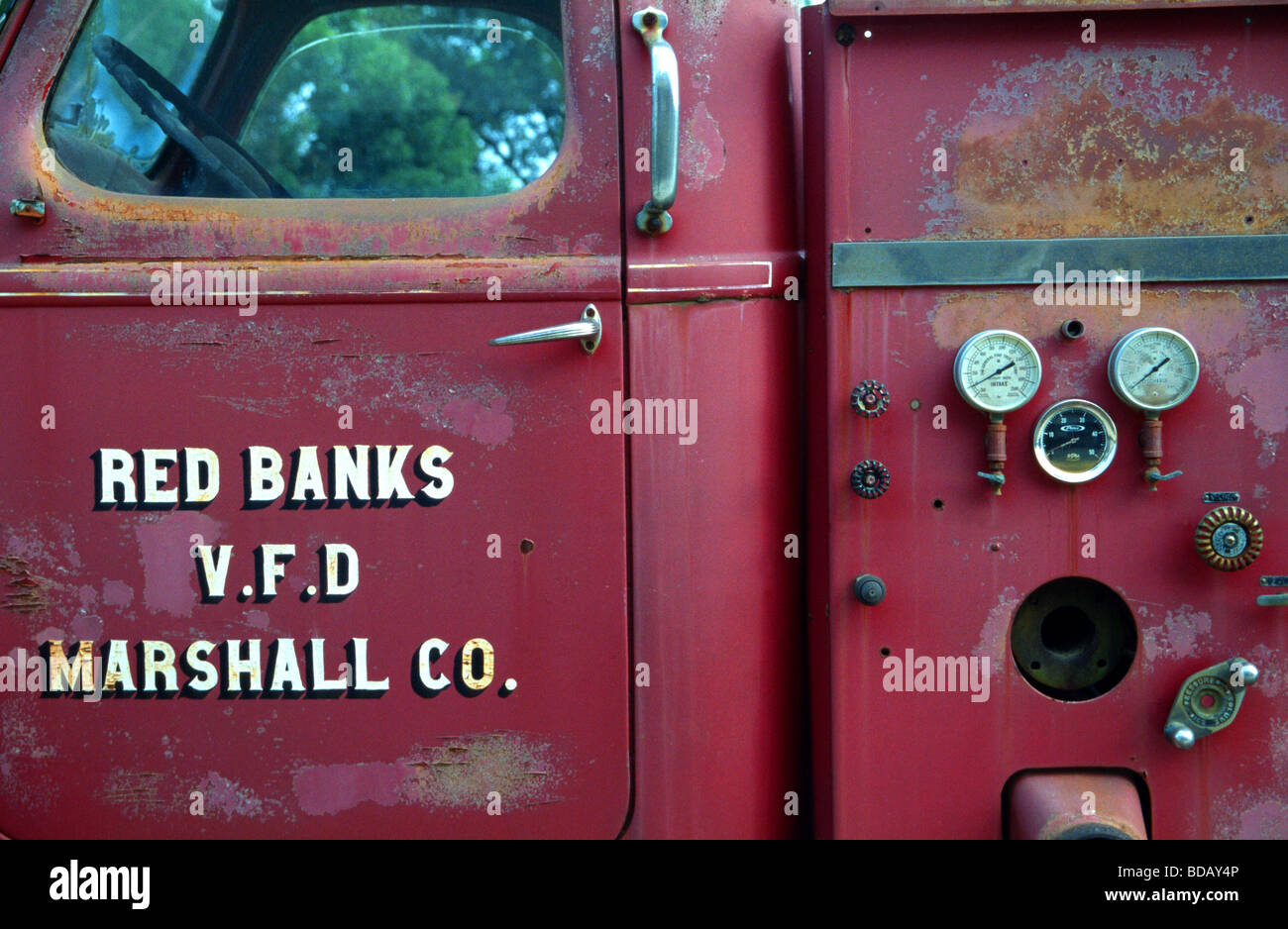 Détail d'un ancien véhicule de pompiers américains Banque D'Images
