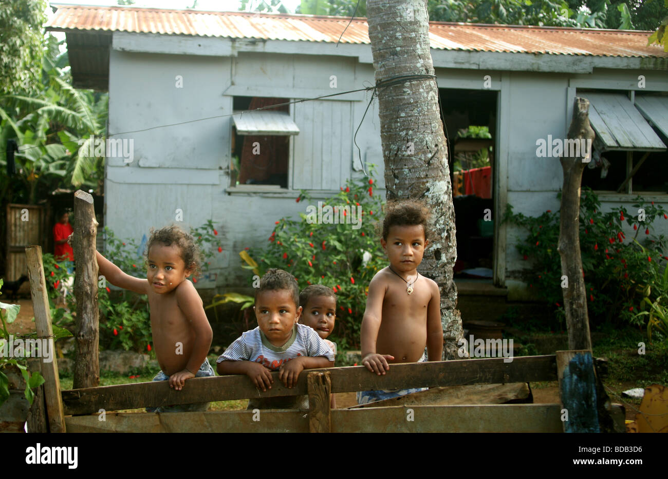 Les enfants à l'avant de leur habitation à Neiafu Îles Tonga Vavau Banque D'Images