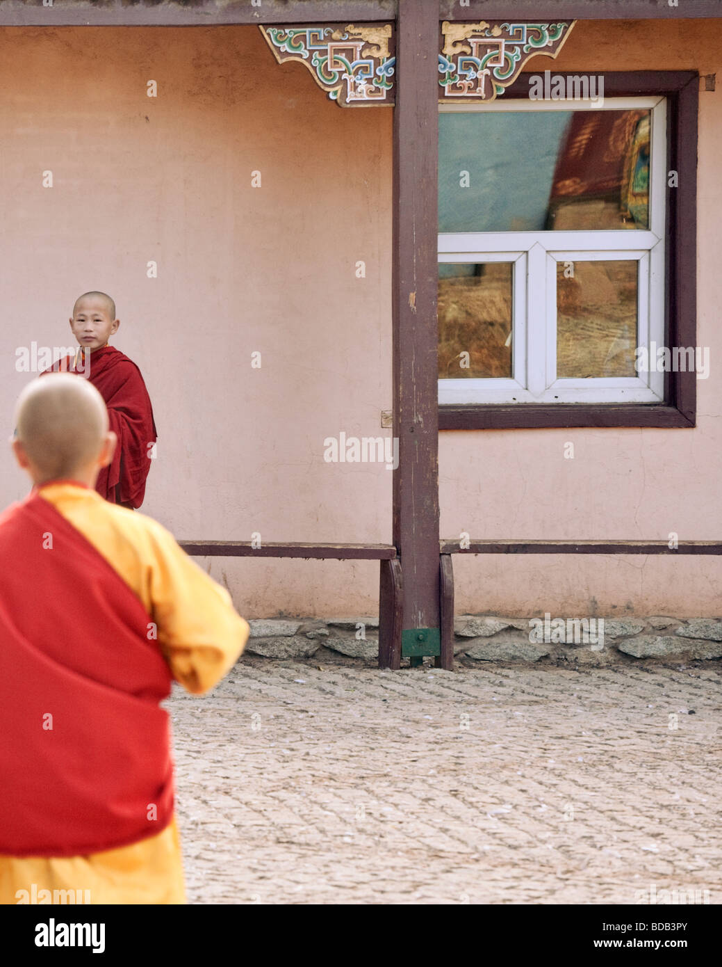 Jeunes moines dans cour intérieure avec fenêtre réflexions, monastère de Gandan, Oulan-Bator, Mongolie Banque D'Images