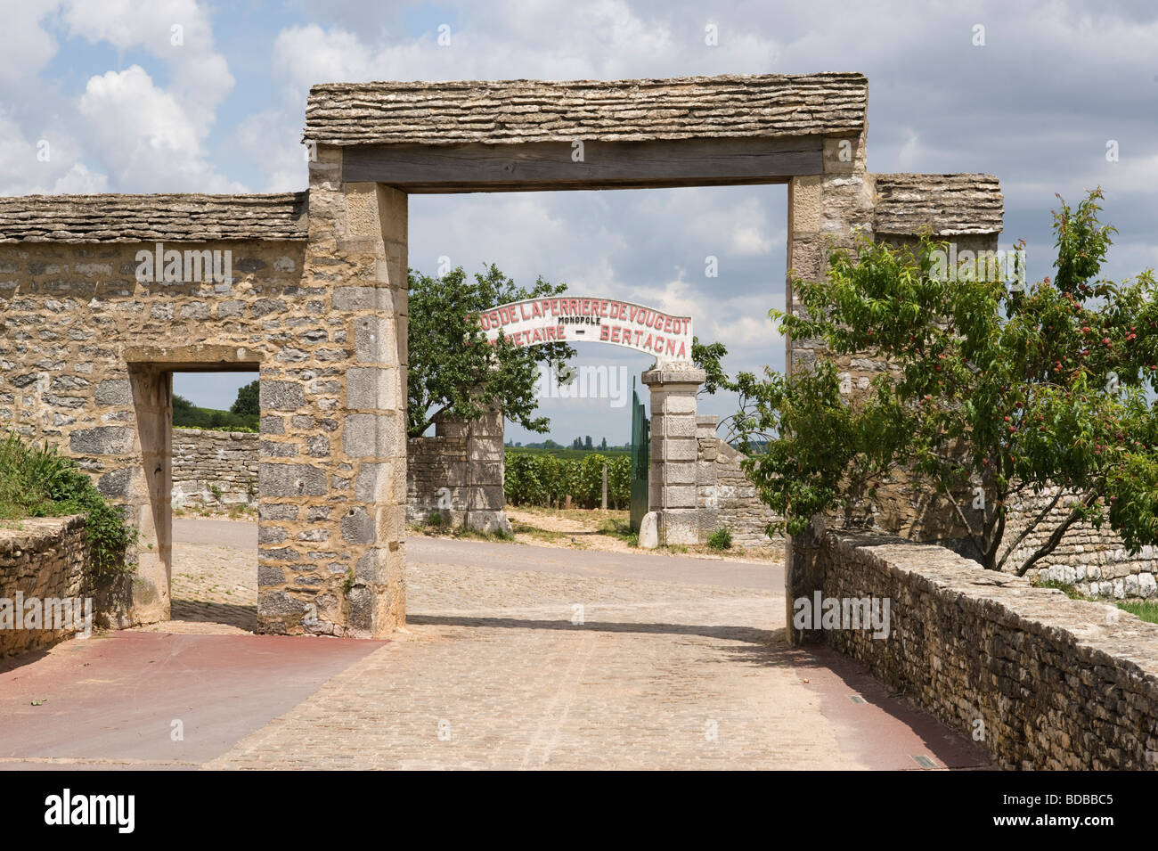 Clos de la Perrière de vougeot Domaine Bertagna Monopole premier cru vigne  vu à travers la porte d'entrée en pierre à Vougeot Photo Stock - Alamy