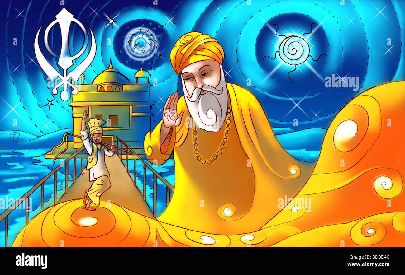 Guru Nanak Dev le premier gourou du sikhisme avec golden temple dans l'arrière-plan Banque D'Images