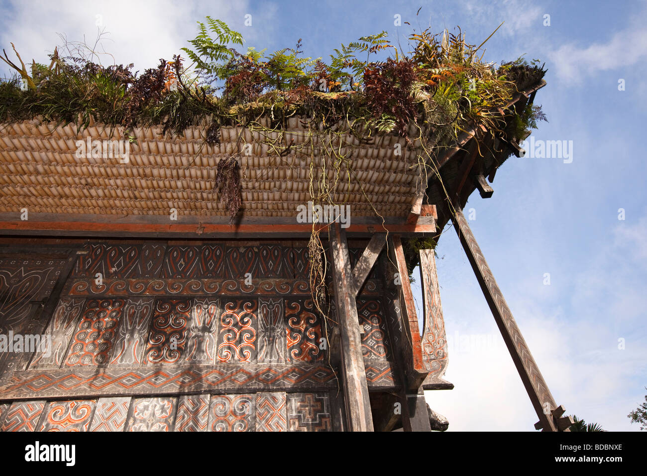 Tana Toraja de Sulawesi Indonésie traditionnelles tongkonan Lemo détail de construction de toit décoration maison Banque D'Images