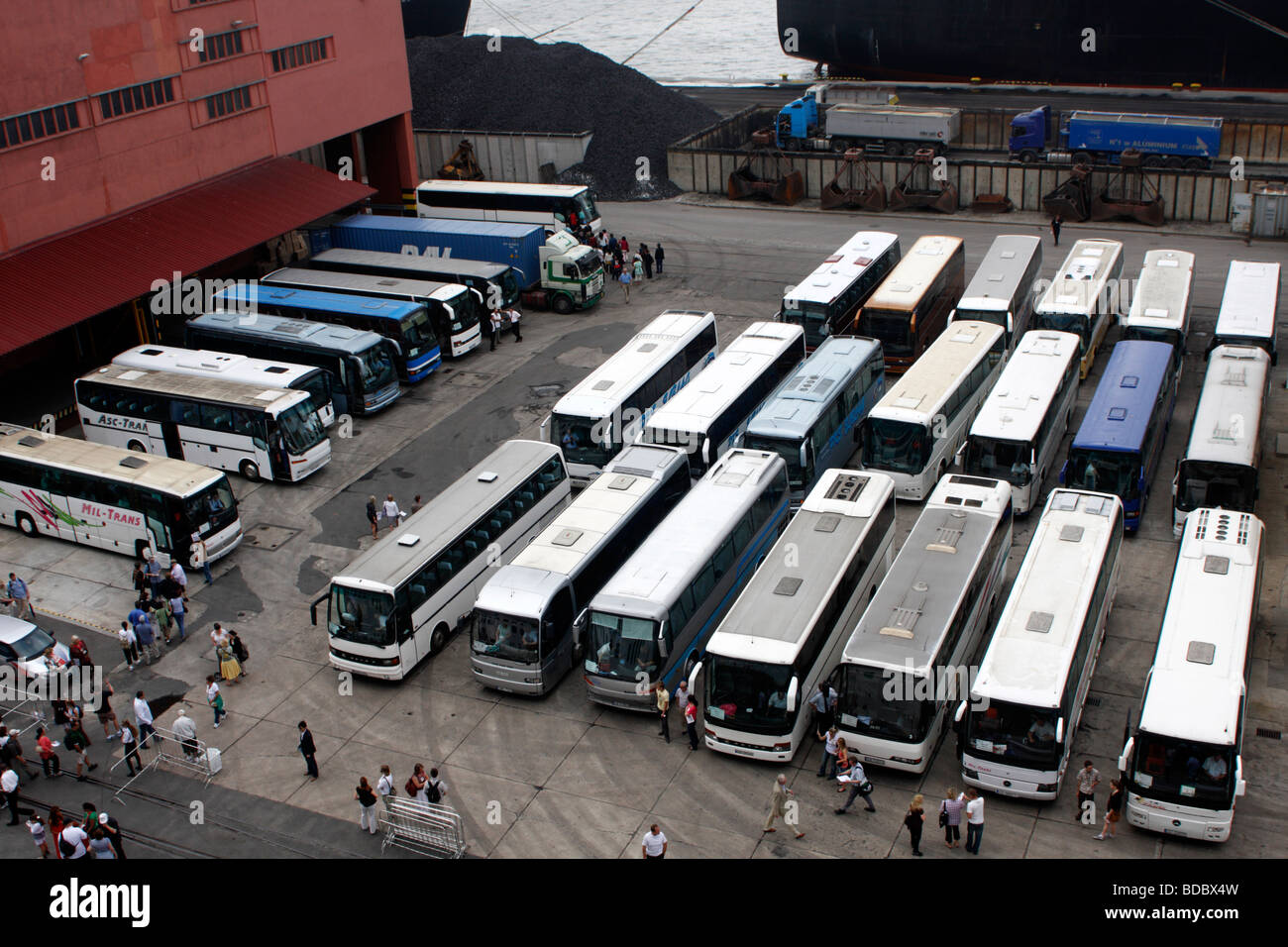 Les autocars alignés à Gdynia pour des excursions dans Gdansk, Pologne Banque D'Images