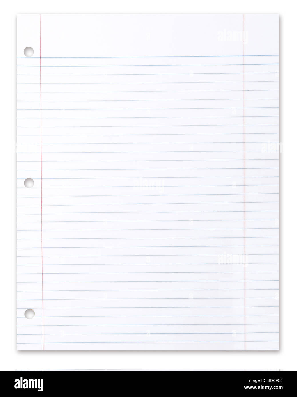 Feuille de papier réglé sur l'école blanc avec une ombre portée Banque D'Images