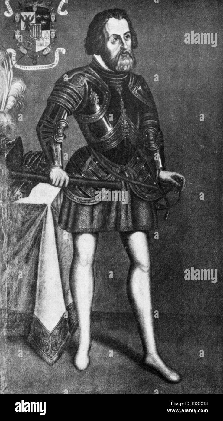 Hernan Cortes, 1485 - 2.12.1547, le conquistador espagnol, pleine longueur, après peinture de l'hôpital de la Purissima Cancepcion de Jesus, au Mexique, gravure sur bois, 19e siècle, l'artiste n'a pas d'auteur pour être effacé Banque D'Images