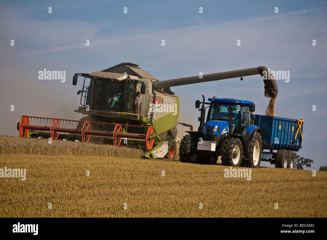 Moissonneuse-batteuse et le tracteur au travail dans la région de Essex Ashen près de Clare dans la région de Suffolk Banque D'Images